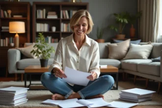 Femme organisée sur le sol du salon avec papiers et cahiers