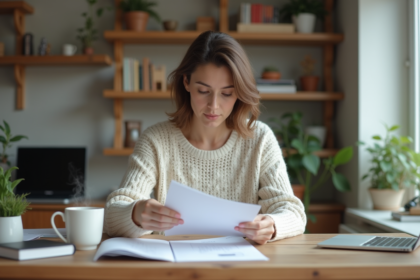 Femme organisée triant des papiers dans un appartement cosy