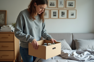 Femme rangeant des objets dans une boîte dans une chambre chaleureuse