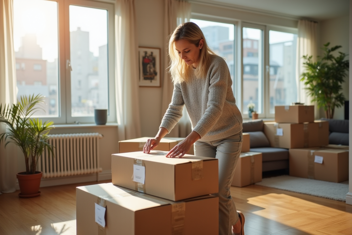 Femme organisée avec cartons dans appartement lumineux