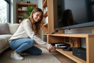 Jeune femme arrangeant câbles derrière un meuble TV moderne