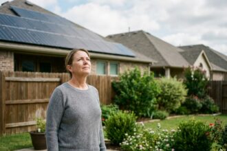 Femme regardant des panneaux solaires sur le toit d'une maison
