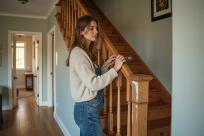 Femme peignant la rampe d'escalier en bois dans une maison chaleureuse