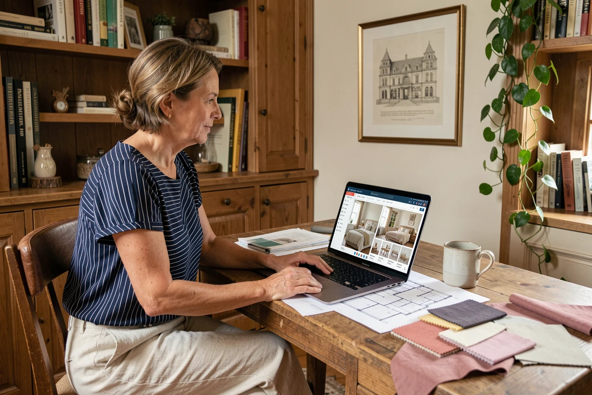 Femme planifiant la décoration de sa chambre pièce par pièce sur ordinateur portable avec planches de tendances et échantillons de tissus sur un bureau en bois