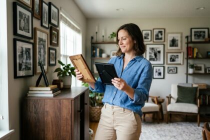 Femme dans son salon tenant deux cadres photo