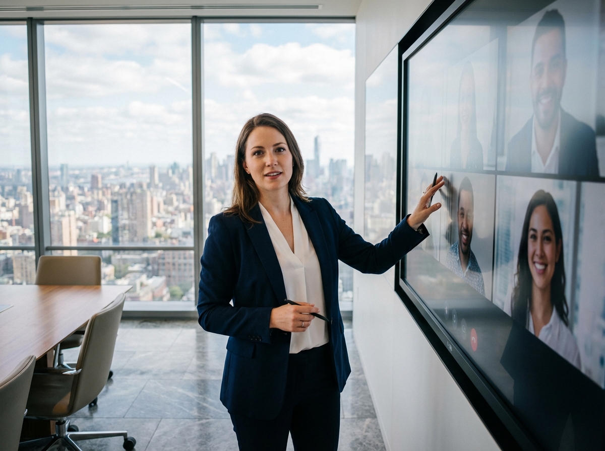 Jeune femme en visioconference dans une salle moderne