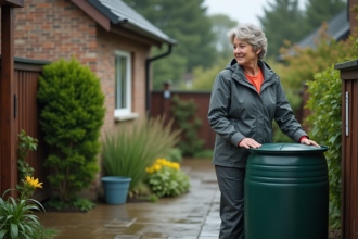 Femme en équipement pluie inspectant un tonneau d'eau de pluie