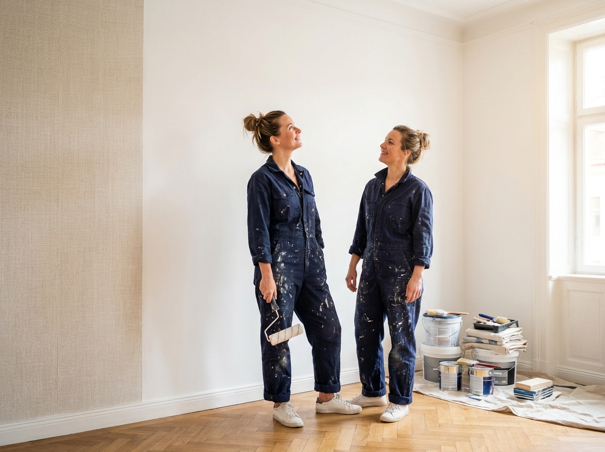 Femme admirant un mur rénové avec toile de verre peinte dans un appartement