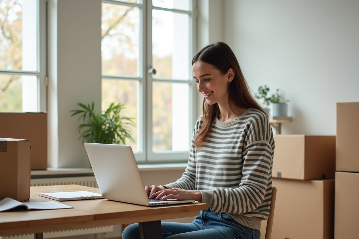 Jeune femme réservant une entreprise de déménagement à son ordinateur