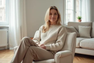 Femme élégante dans un salon scandinave moderne