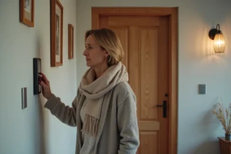 Femme d'âge moyen gérant son système de sécurité à la maison