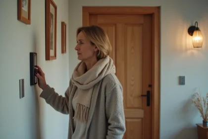 Femme d'âge moyen gérant son système de sécurité à la maison