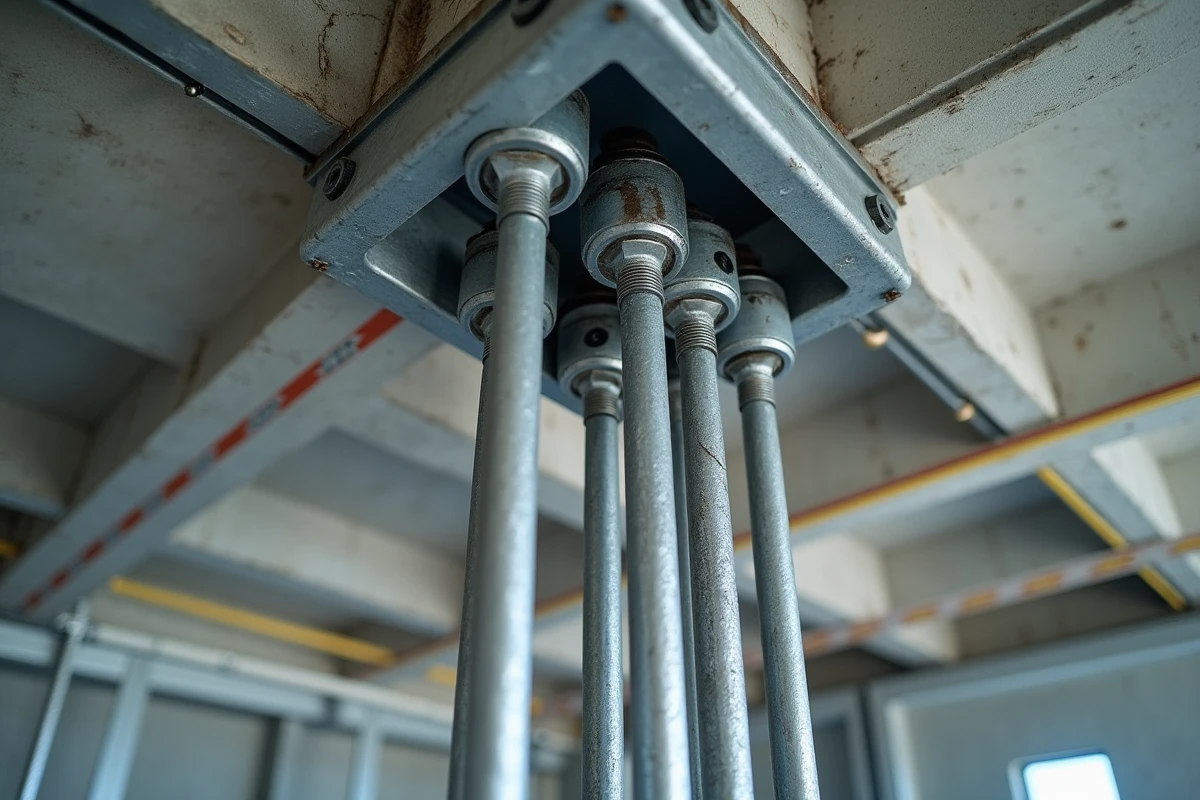 Installation de fixation lourde sur plafond béton avec tiges filetées scellées chimiquement et platine métallique