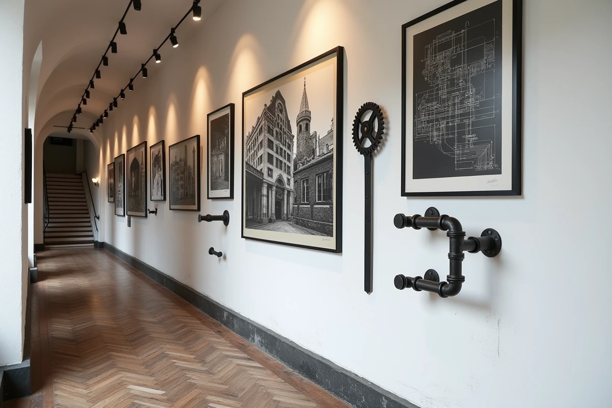 Couloir étroit avec galerie murale style industriel, cadres métal noir, dessins techniques et porte-manteau tuyaux