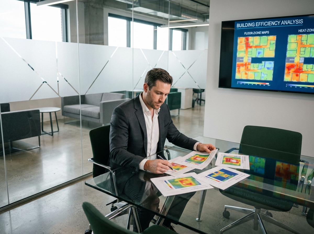 Manager en costume analysant des rapports de gestion thermique dans une salle de réunion d'entreprise moderne