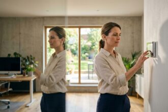 Femme ajustant un thermostat intelligent dans un bureau à domicile moderne avec baies vitrées et jardin visible