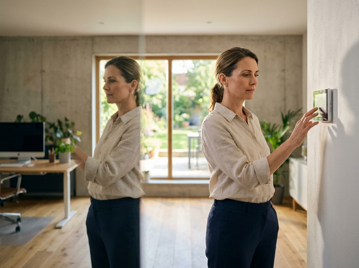Femme ajustant un thermostat intelligent dans un bureau à domicile moderne avec baies vitrées et jardin visible