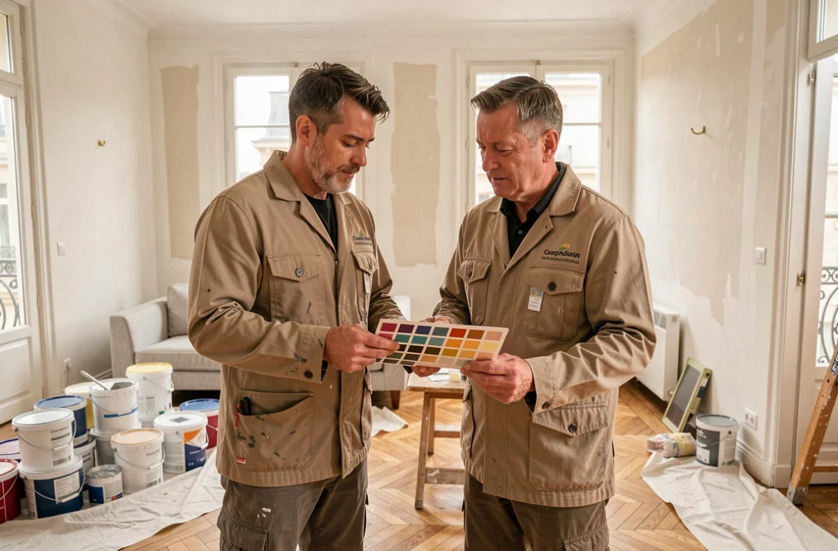 Deux peintres de GF Peinture SARL consultant des nuanciers dans un salon parisien en cours de rénovation