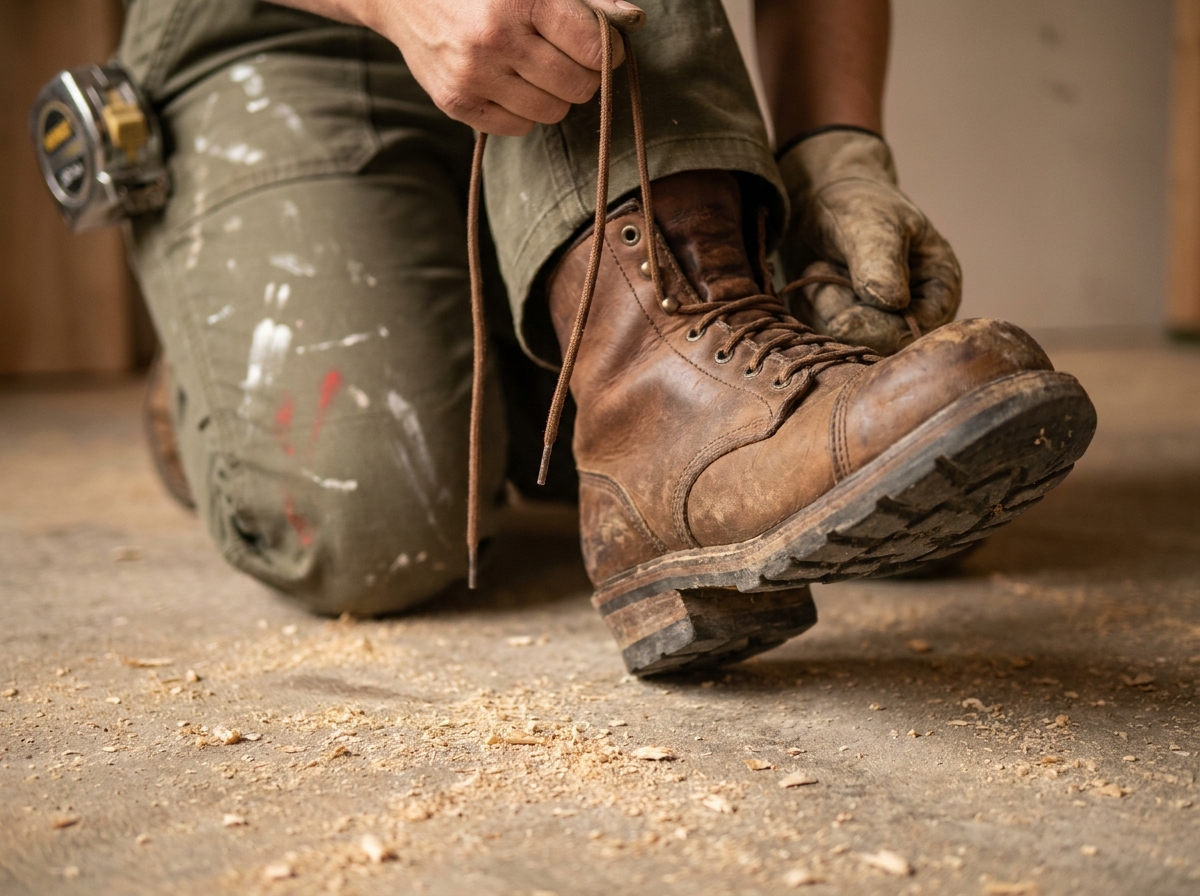 Gros plan sur une chaussure de sécurité conçue pour les femmes du bâtiment, avec embout acier et laçage ergonomique
