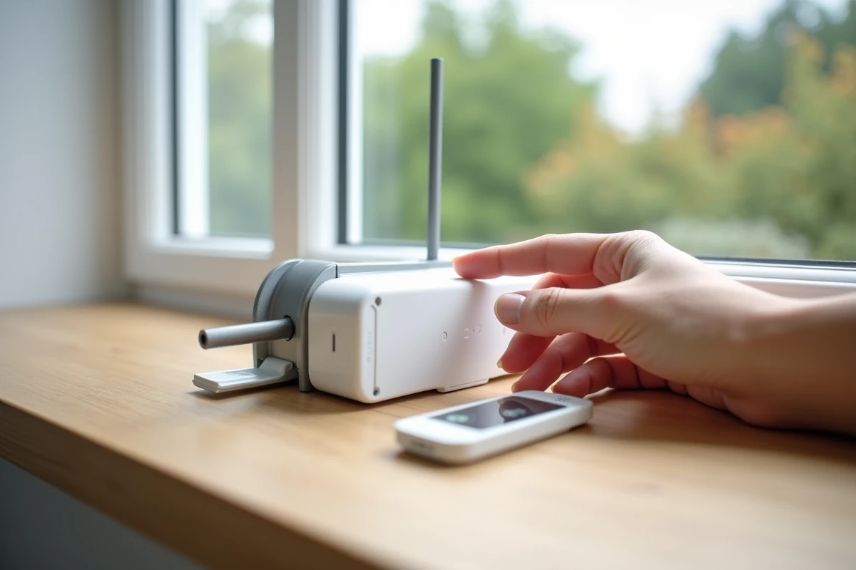 Gros plan sur le moteur Somfy Oximo RTS avec télécommande et stylet lors de la programmation