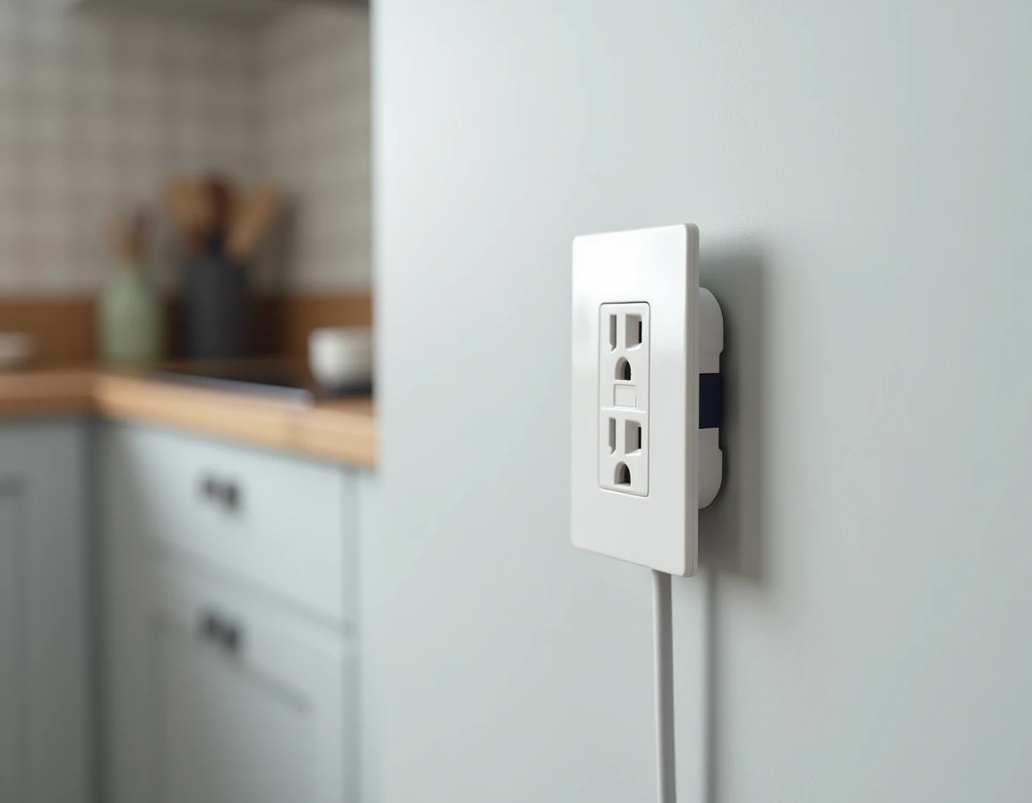 Gros plan d'une prise double Legrand encastrée sur un mur gris dans une cuisine moderne avec volets de sécurité visibles