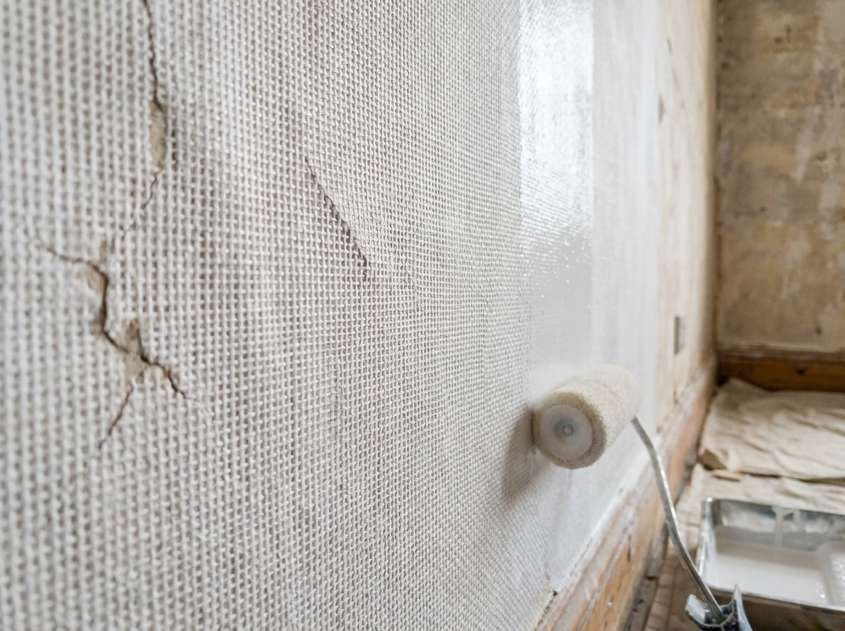 Gros plan sur la texture de toile de verre appliquée sur un mur avant peinture