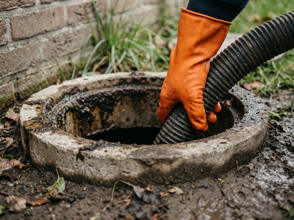 Gros plan sur un technicien guidant le tuyau d'aspiration dans une fosse septique en béton lors d'une vidange professionnelle