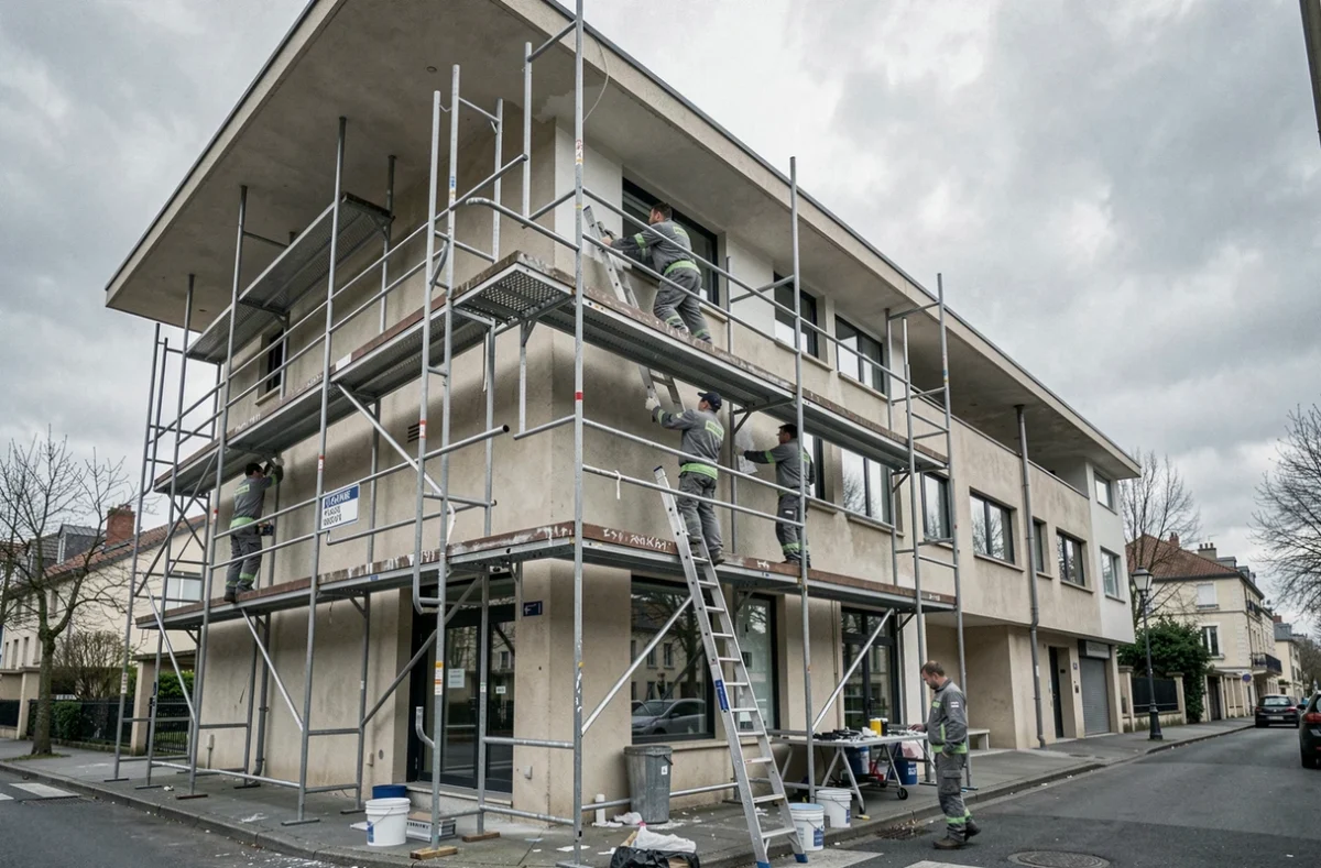 Équipe de peintres GTME92 en uniforme sur un échafaudage lors de la rénovation d'une façade commerciale en banlieue parisienne