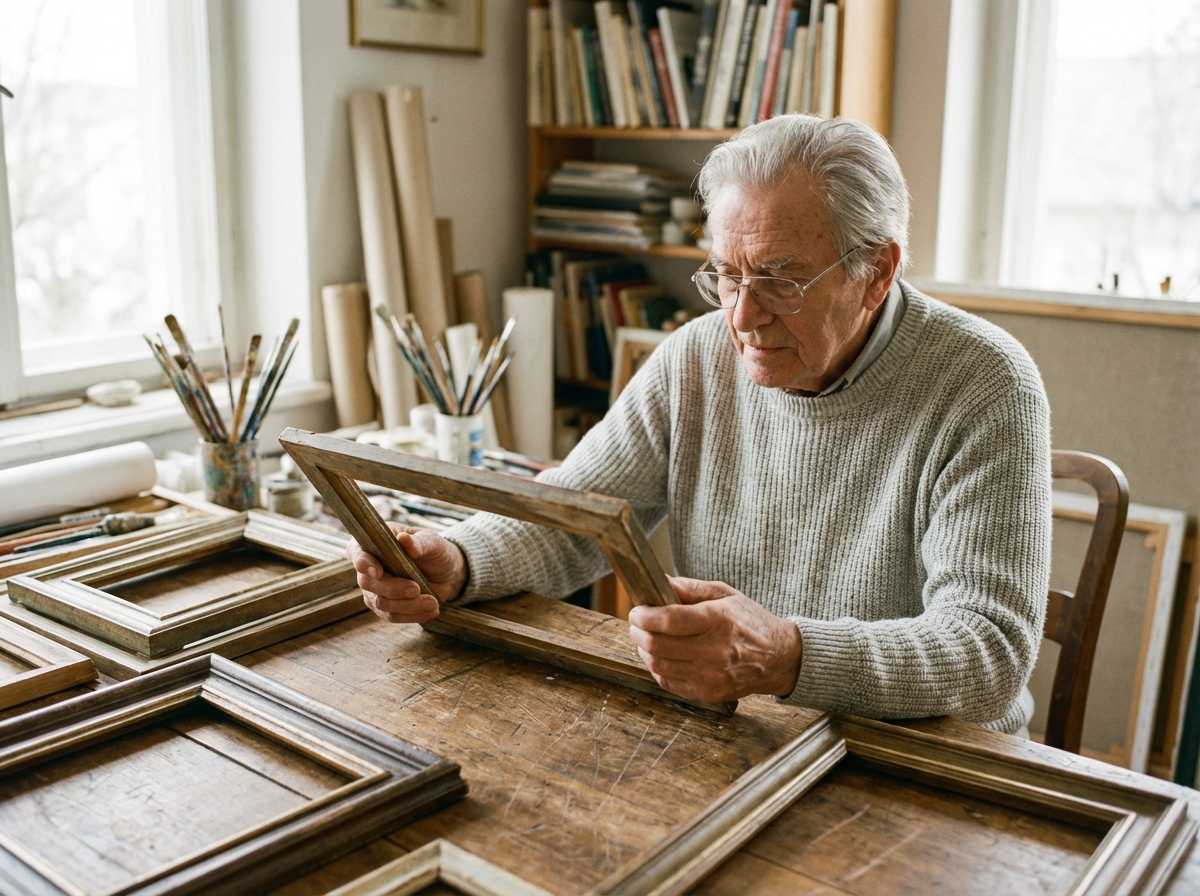 Homme âgé examinant des cadres dans un atelier d