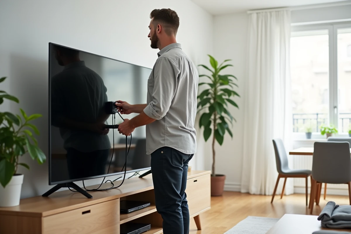 Homme branchant un câble derrière un meuble TV dans un appartement lumineux