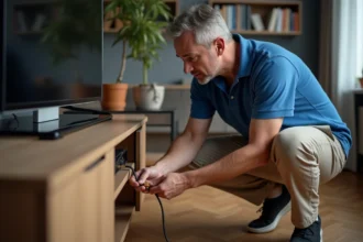 Homme d'âge moyen vérifiant un câble coaxial dans un salon moderne