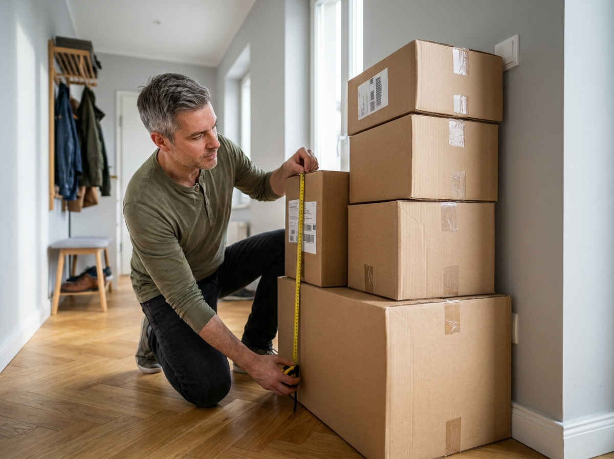 Homme comparant des cartons d'expédition de différentes tailles avec un mètre ruban dans un couloir d'appartement