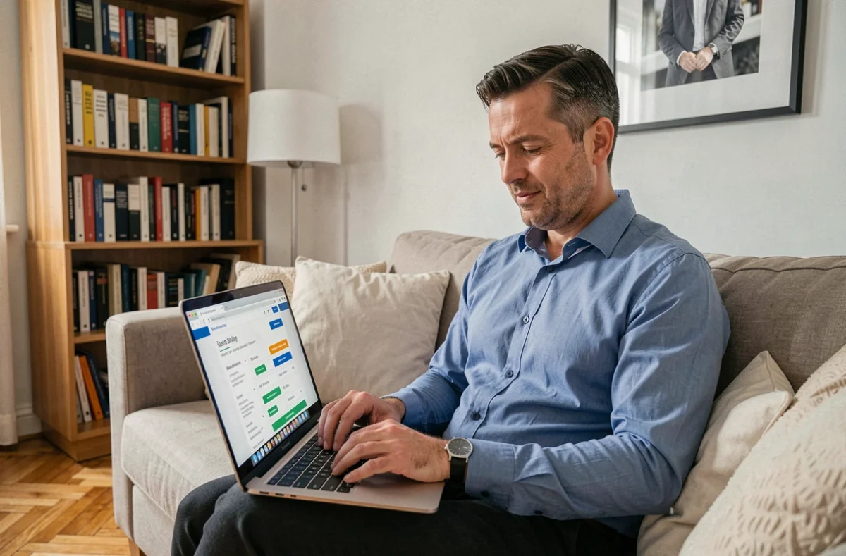 Homme qui utilise un comparateur en ligne sur son ordinateur portable pour trouver une assurance habitation moins chère