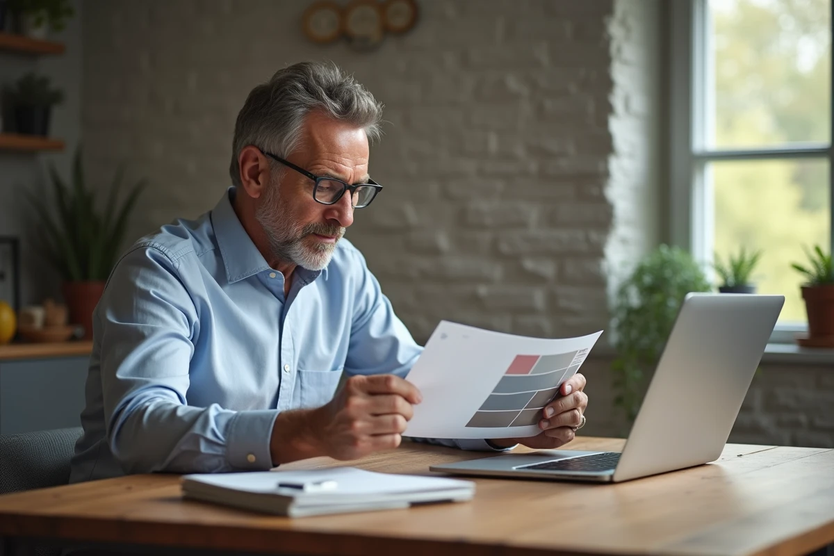 Homme compare un nuancier RAL 9006 avec un profil en aluminium à la maison