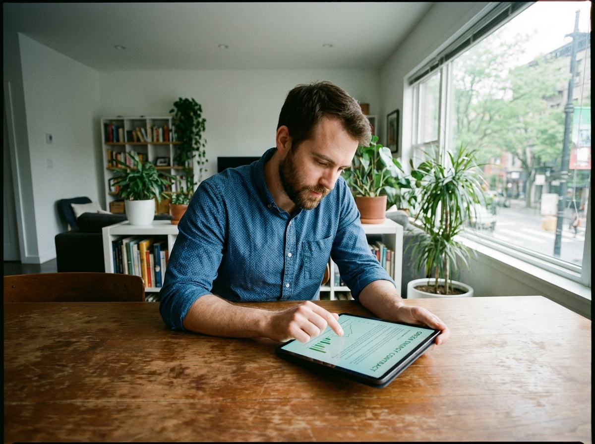 Jeune homme lisant un contrat d énergie verte à la maison