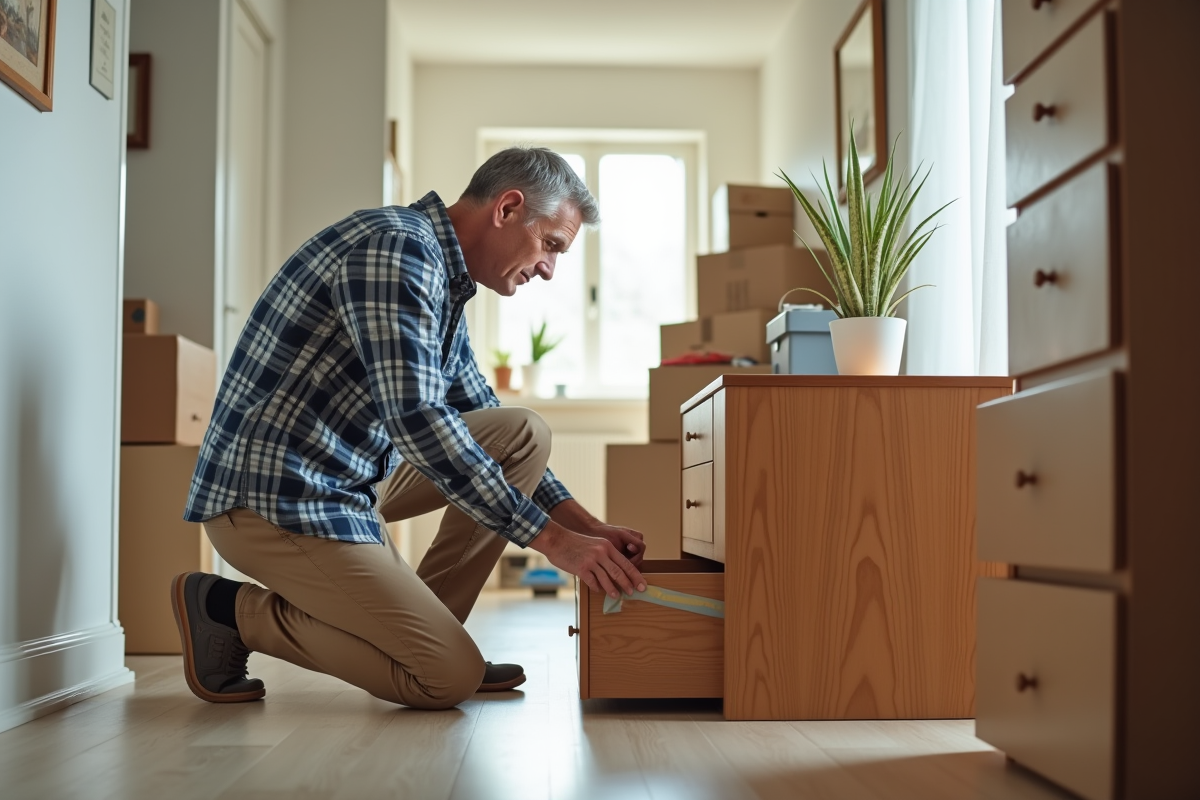 Homme scellant un tiroir dans un couloir lumineux en déménagement