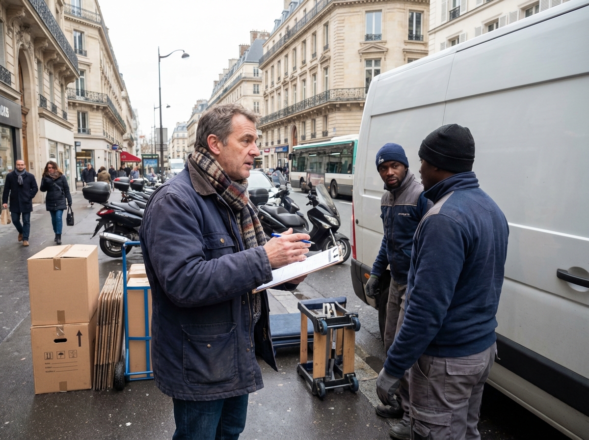 Homme discutant avec déménageurs dans une rue parisienne