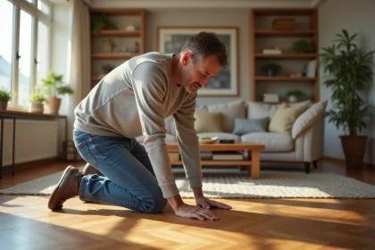 Homme d'âge moyen écoute le parquet dans un salon lumineux