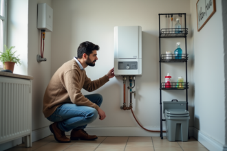 Homme examine une chaudiere electrique dans une piece pratique