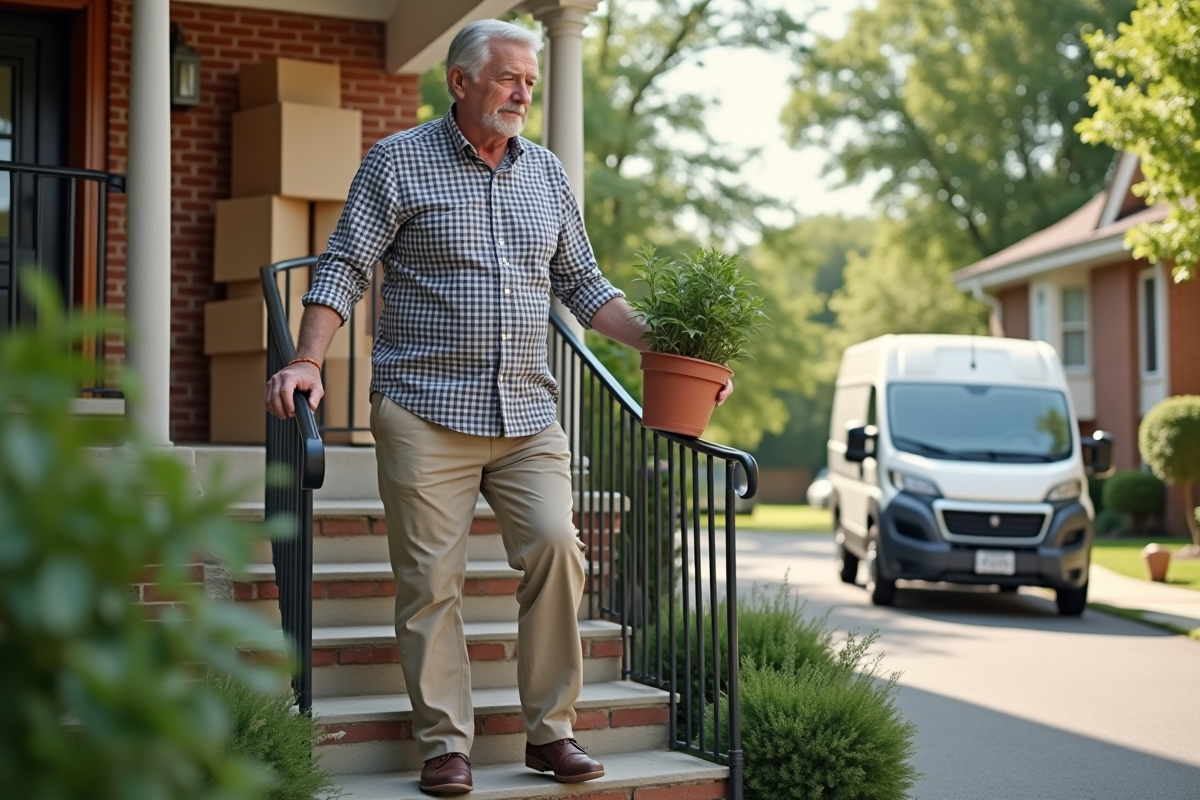 Homme âgé portant une plante sur le pas de la maison