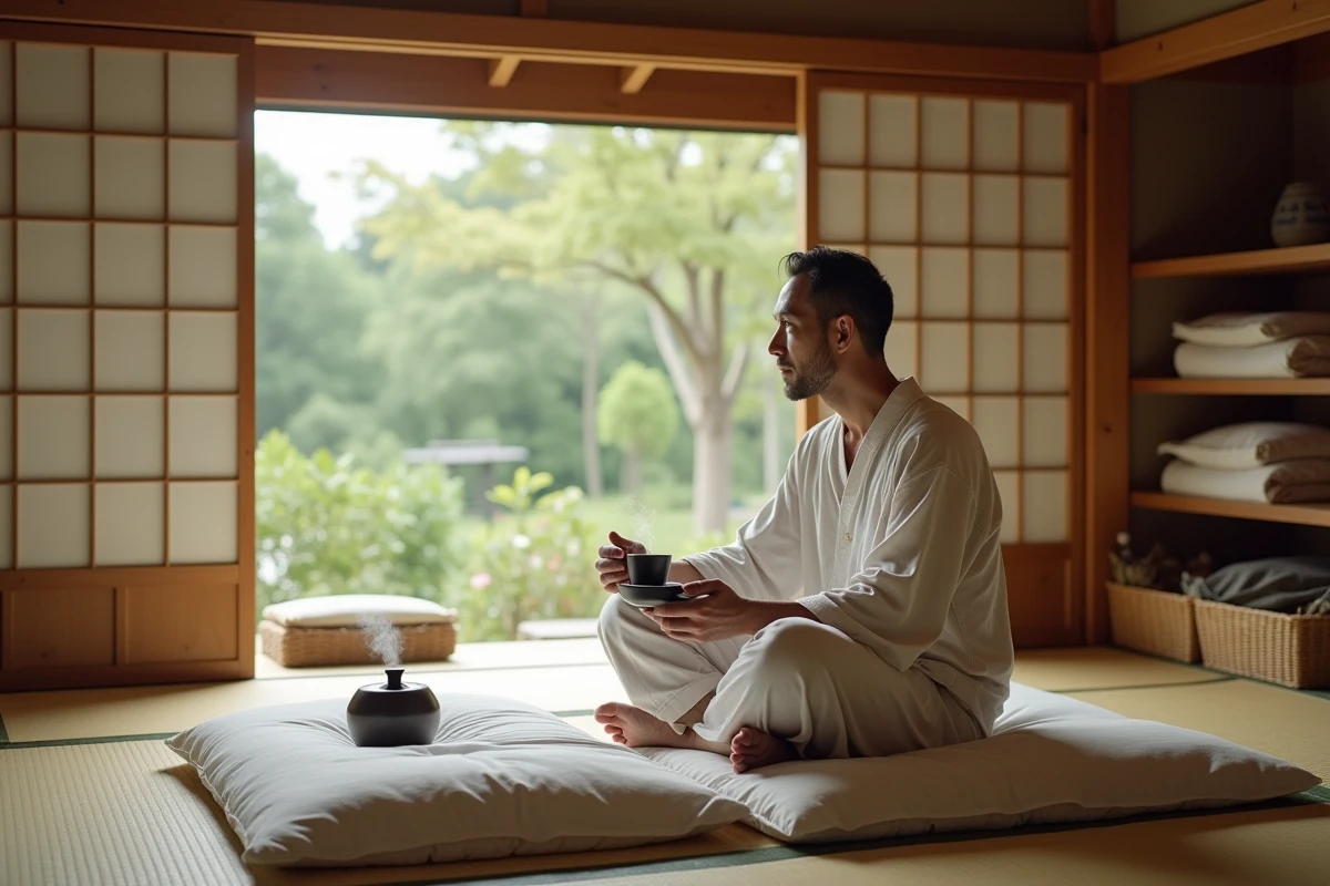 Homme japonais assis sur un futon regardant par la fenêtre dans un intérieur chaleureux