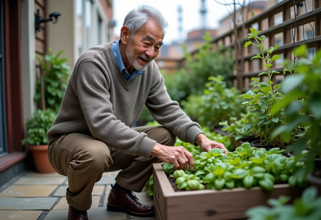 Homme âgé entretenant un jardin urbain en extérieur