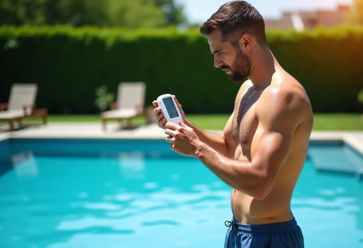 Homme frustré vérifiant un thermomètre numérique de piscine dans un jardin