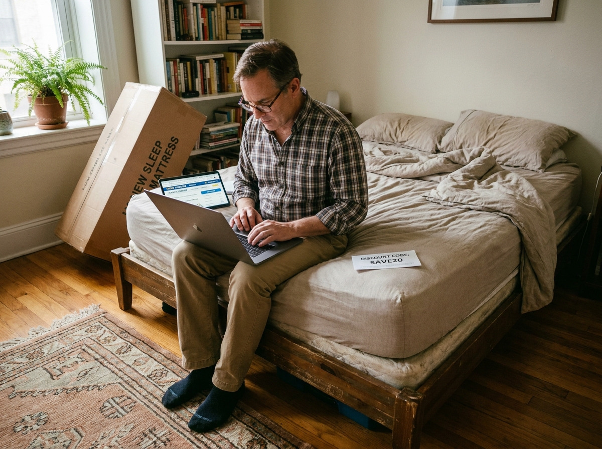 Homme âgé comparant prix de matelas avec ordinateur dans chambre chaleureuse