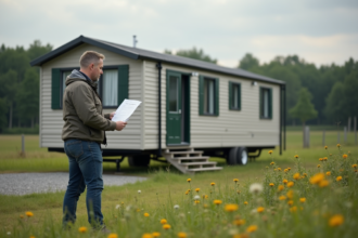 Homme en extérieur avec permis devant une maison mobile