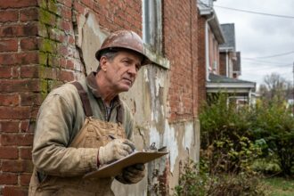 Homme en tenue de chantier examine une façade ancienne
