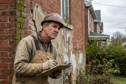 Homme en tenue de chantier examine une façade ancienne