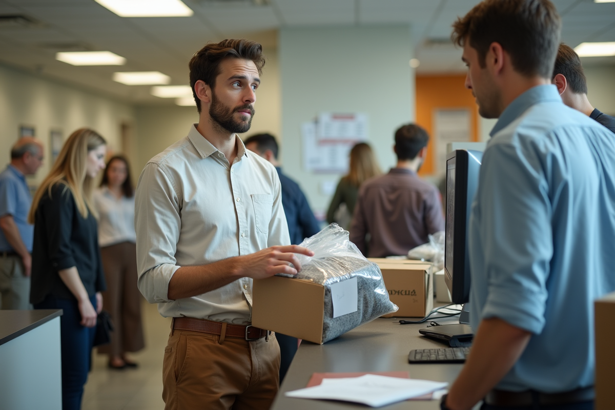 Homme au bureau de poste tenant un colis prêt à envoyer