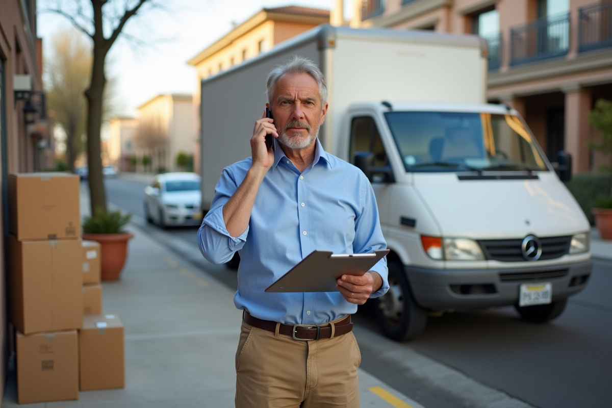 Homme parlant au téléphone près d un camion de déménagement dans la rue