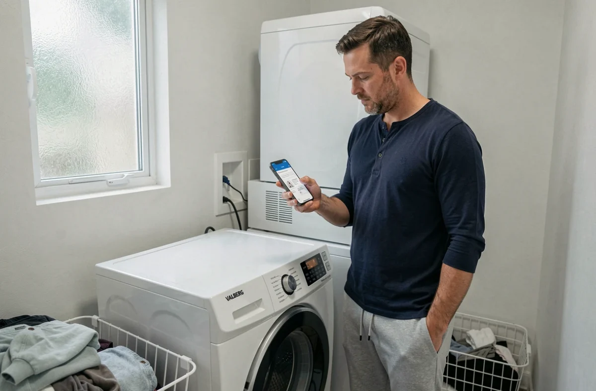 Homme consultant la notice numérique VALBERG sur smartphone pour régler sa machine à laver dans un appartement